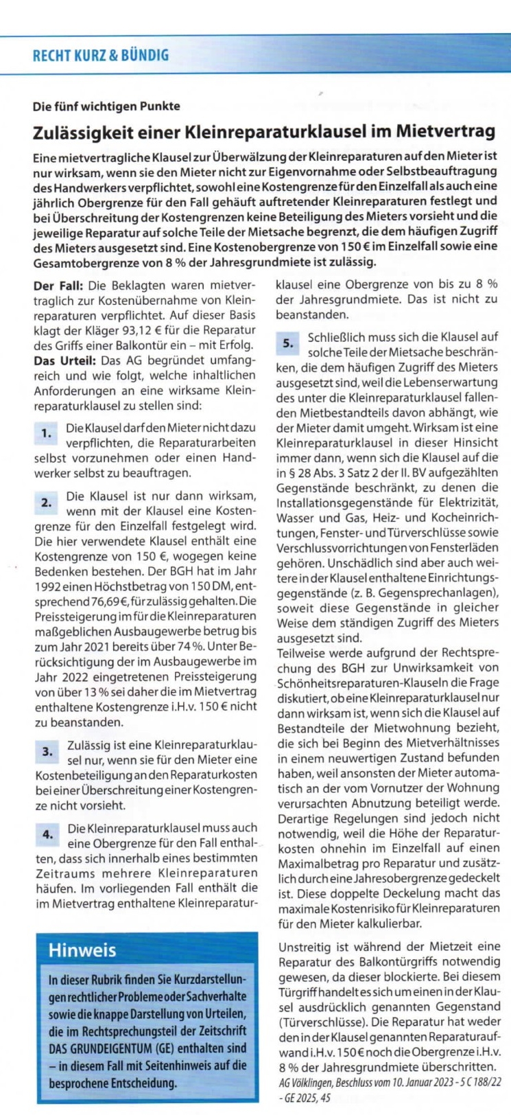 Kleinreparaturklausel im Mietvertrag